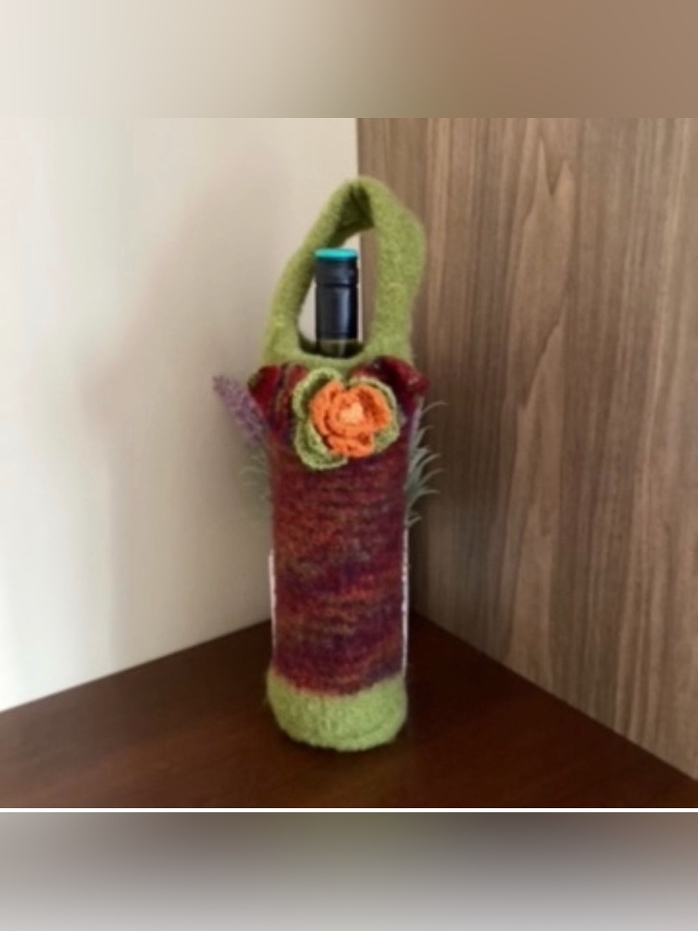 Handmade Green Hand Knitted Felted Wool Embellished Wine or Bottle Bag